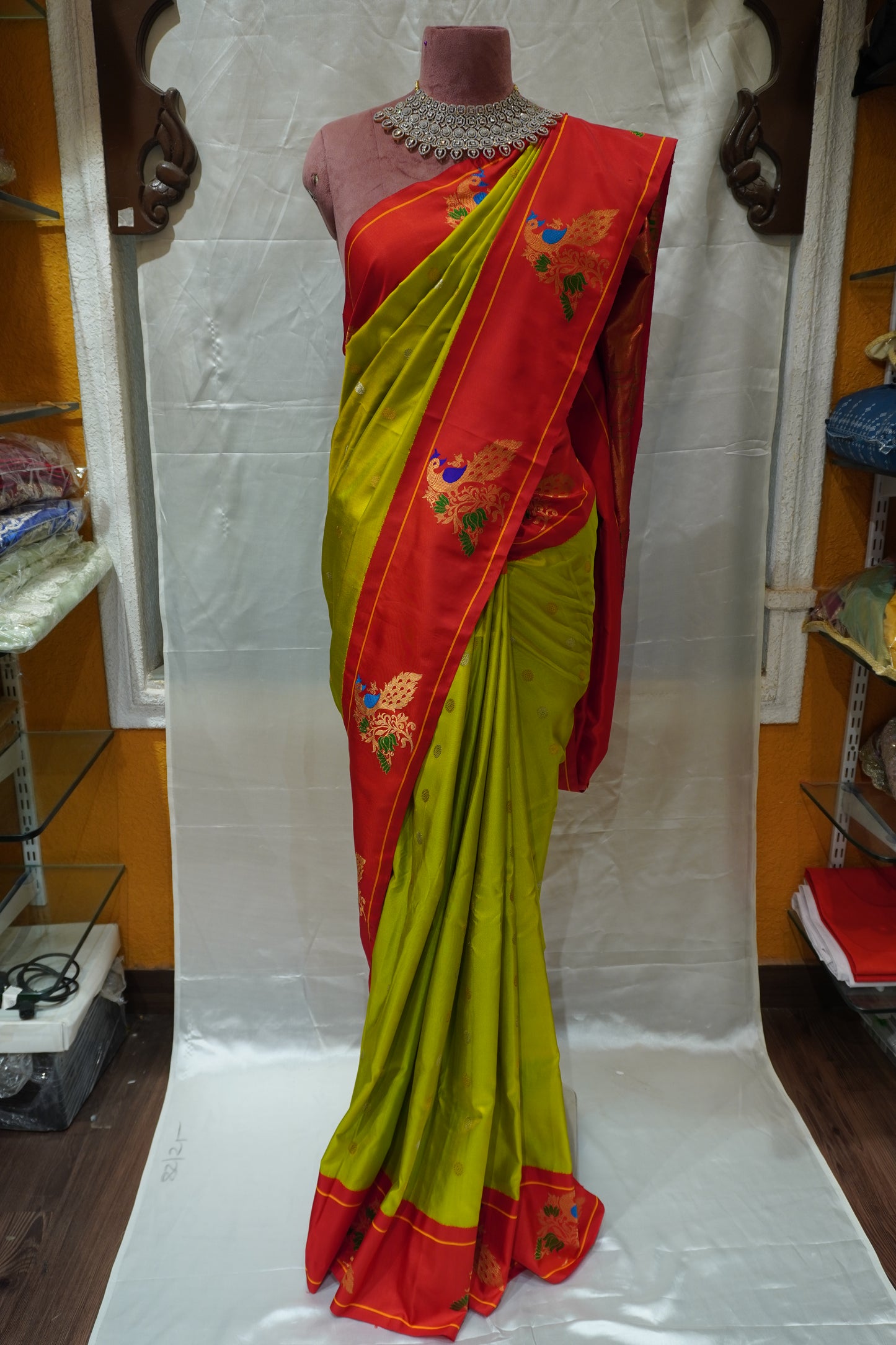 ZARTARI Handwoven Paithani Silk Saree – Parrot Green & Vermilion Red with Peacock Zari Border