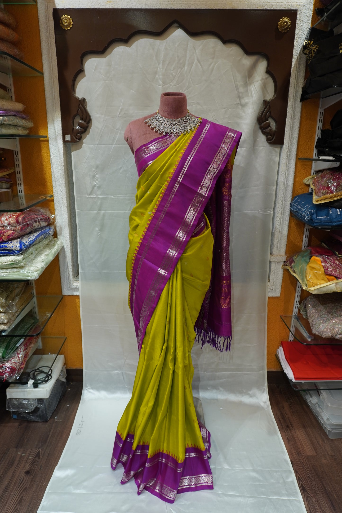 ZARTARI Handwoven Paithani Silk Saree – Lime Green & Royal Purple with Traditional Silver Zari Border