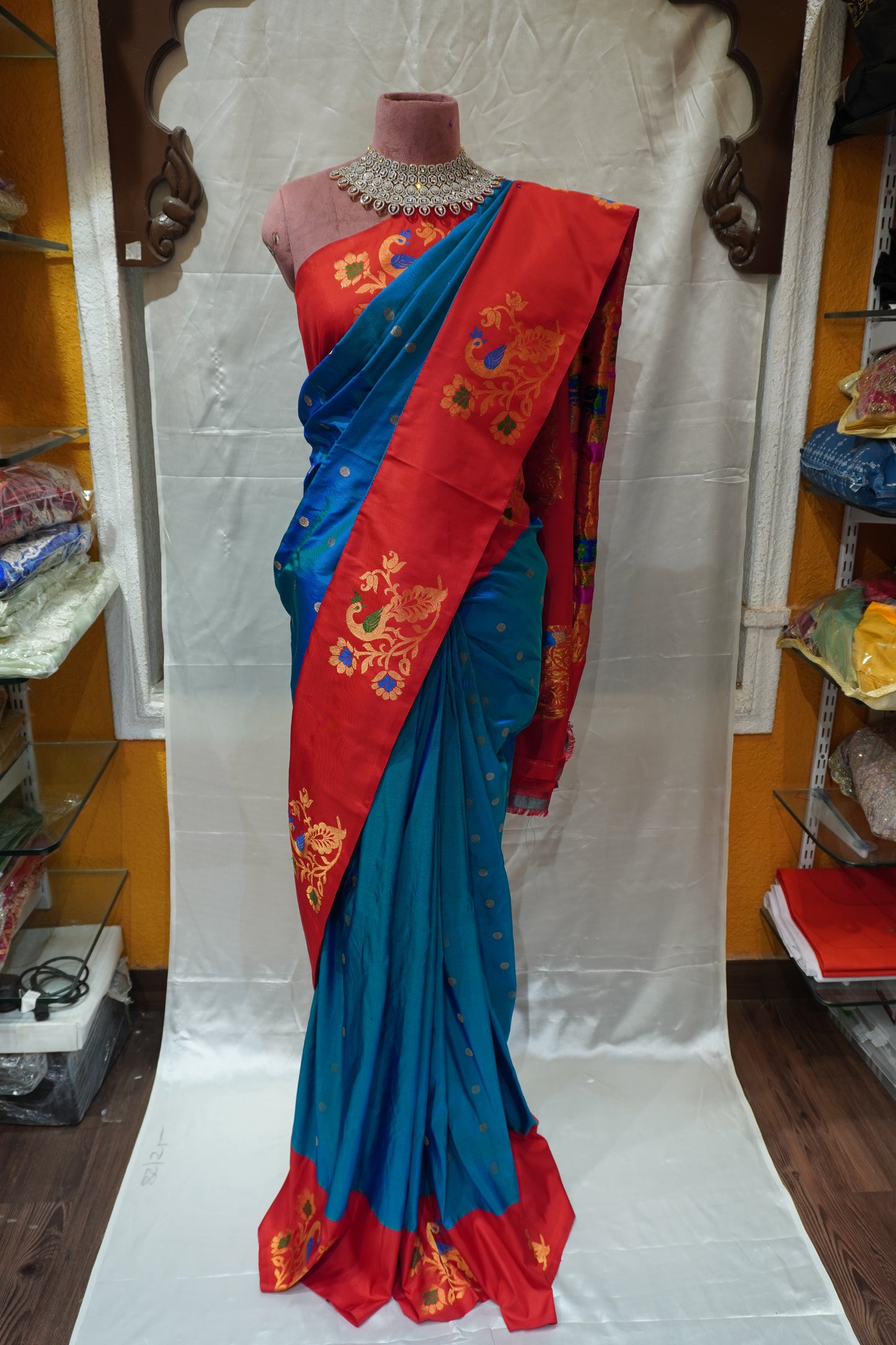 Royal Blue & Red Paithani Style Silk Saree with Peacock Woven Border & Running Blouse