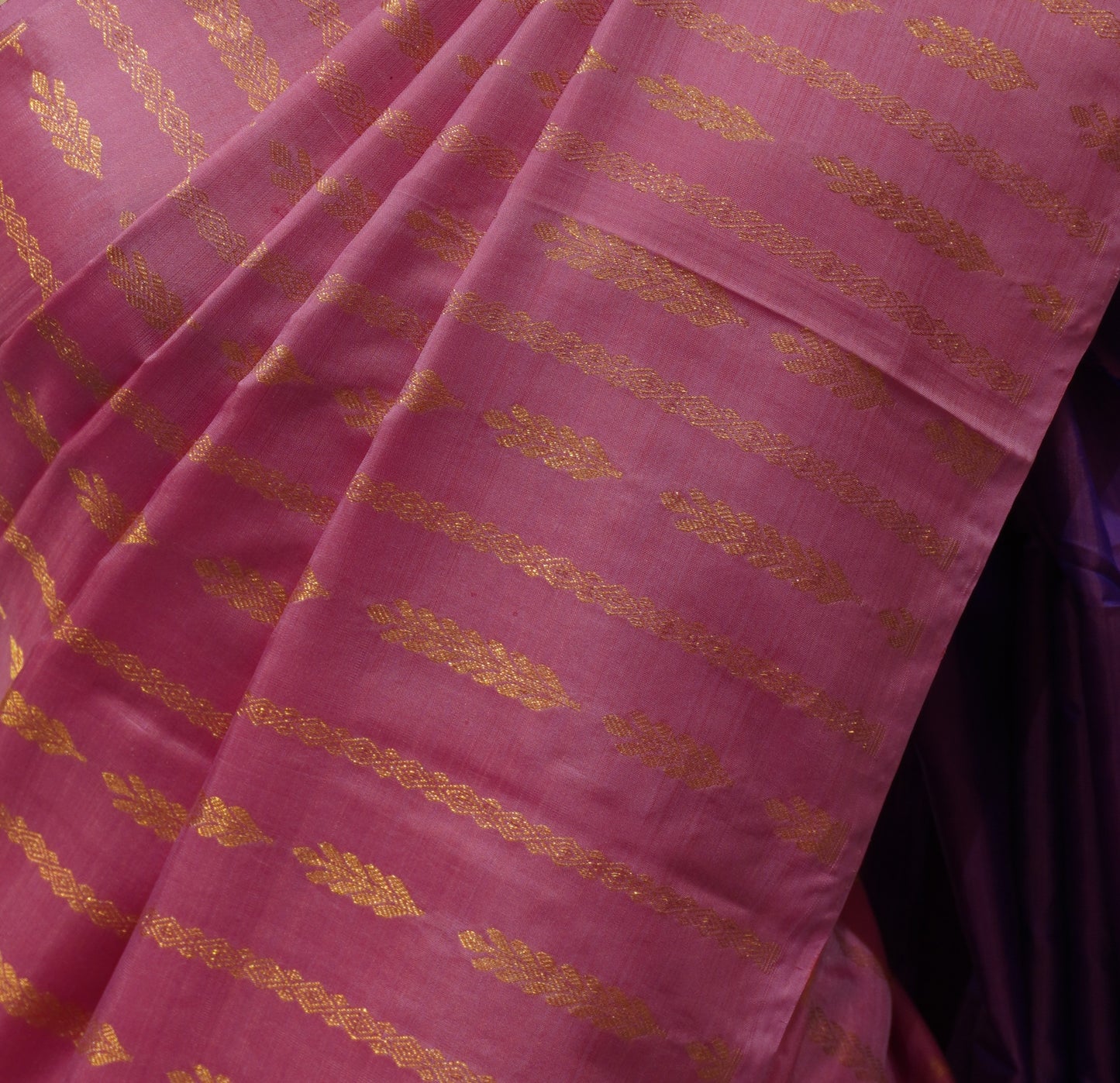 Zartari Handwoven Kanjivaram Silk Saree | Pink Body with Gold Zari Stripes & Contrast Purple Pallu