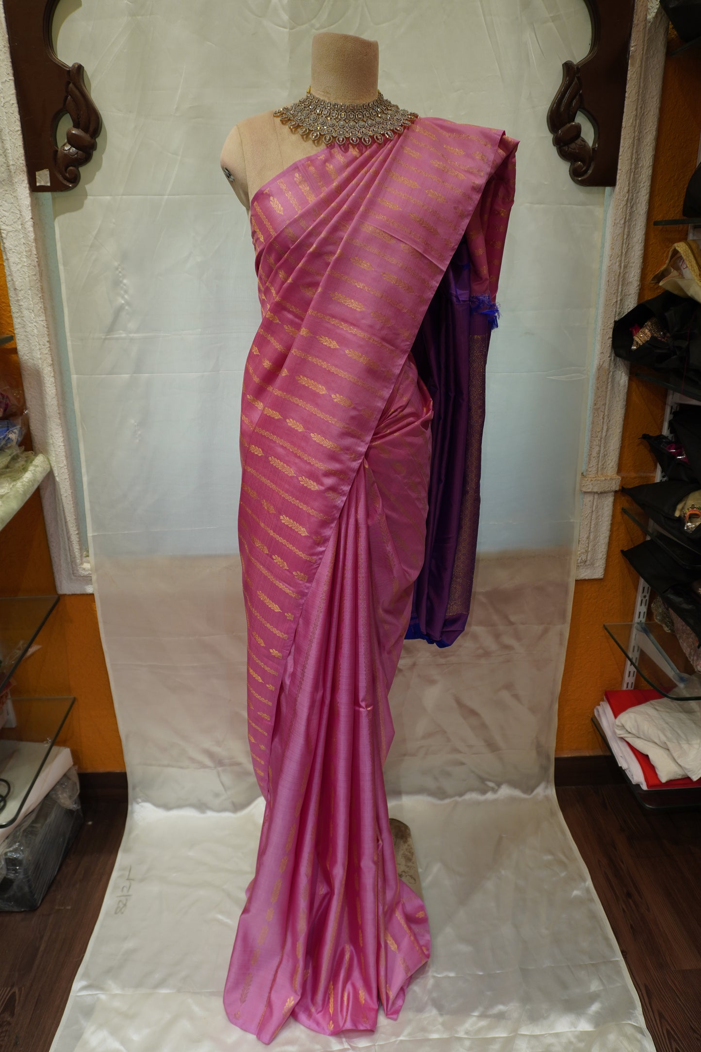 Zartari Handwoven Kanjivaram Silk Saree | Pink Body with Gold Zari Stripes & Contrast Purple Pallu