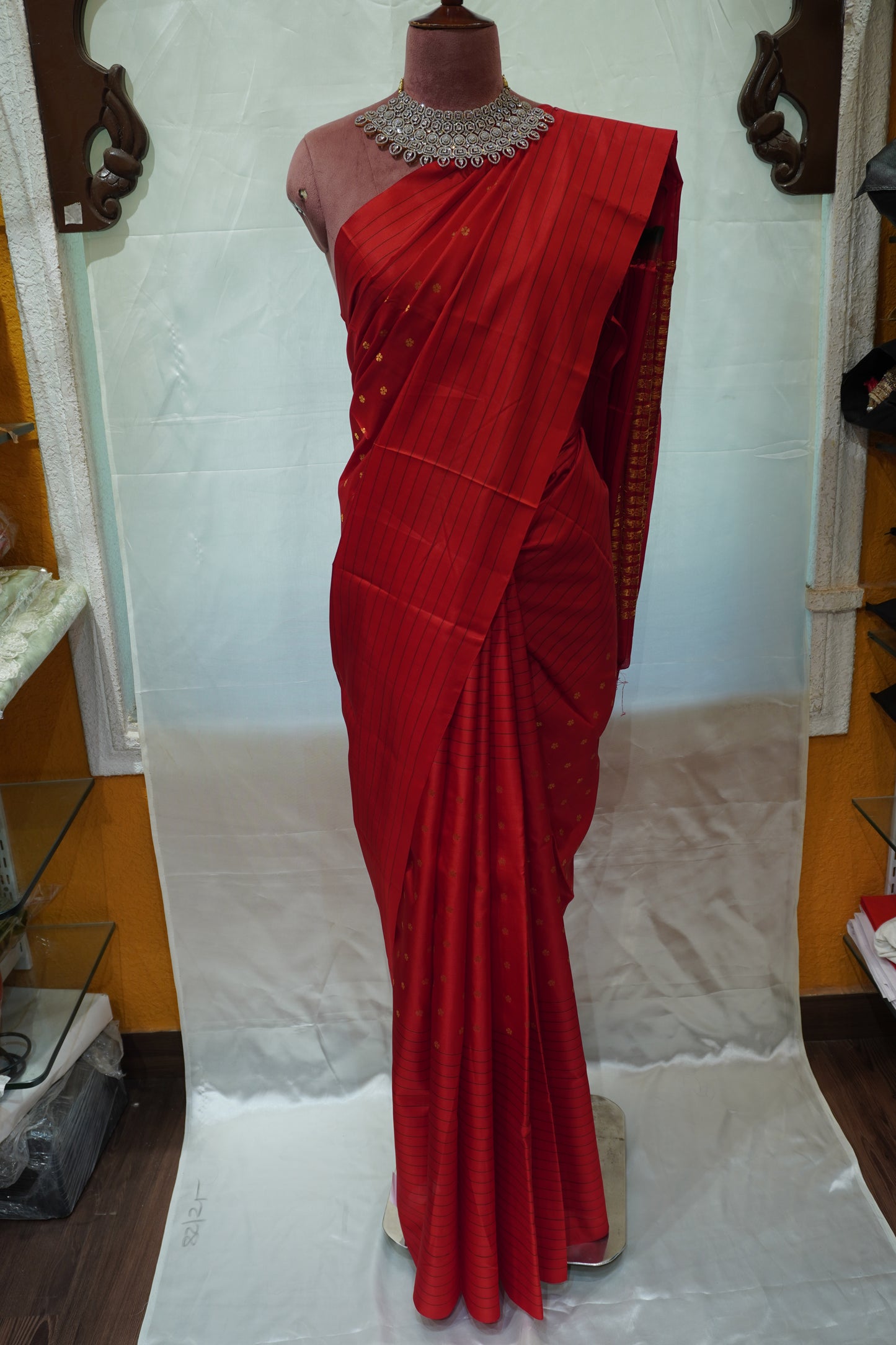Zartari Handwoven Kanjivaram Silk Saree | Classic Red with Gold Zari Butti & Pinstripe Weave | Traditional Wedding Silk Saree