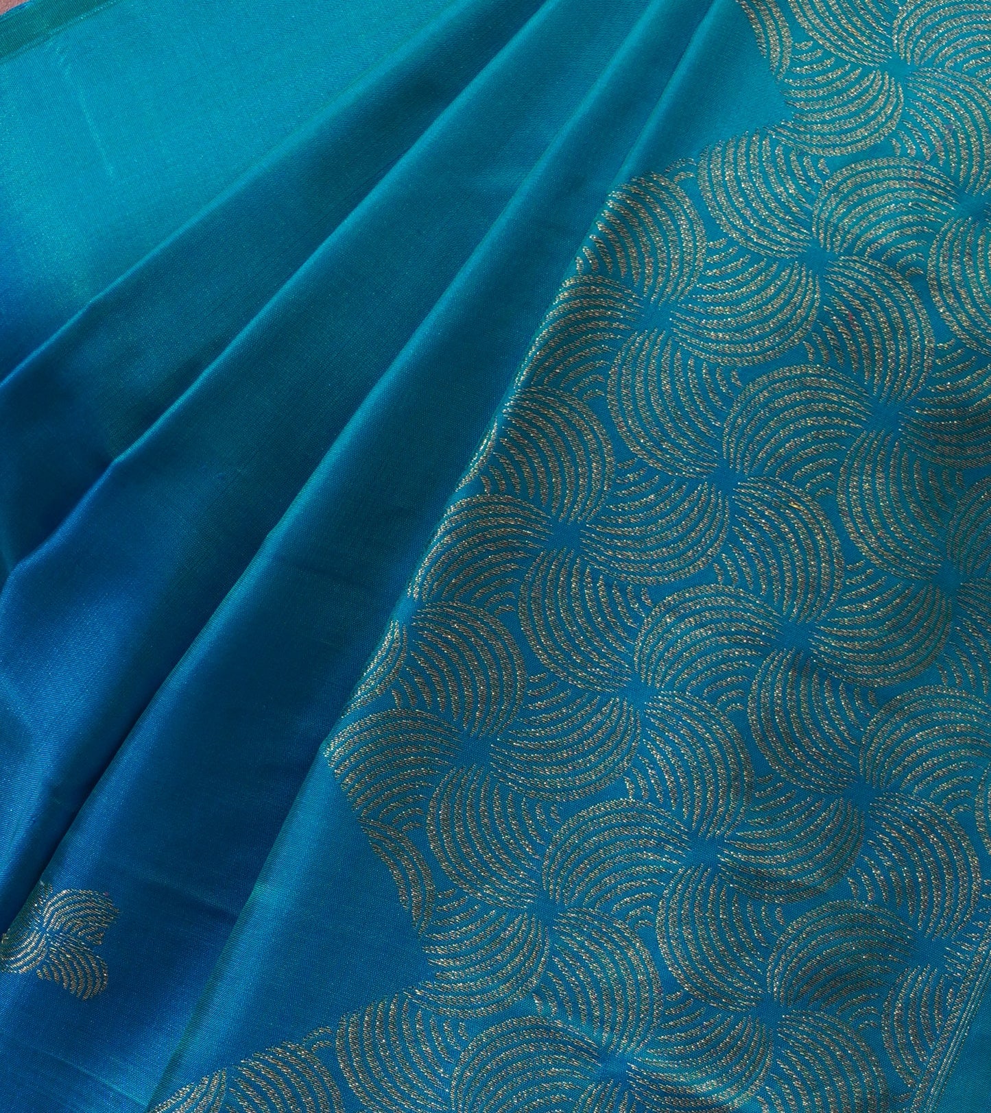 Zartari Handwoven Kanjivaram Silk Saree | Peacock Blue with Gold Zari Floral Border | Traditional Wedding Silk Saree