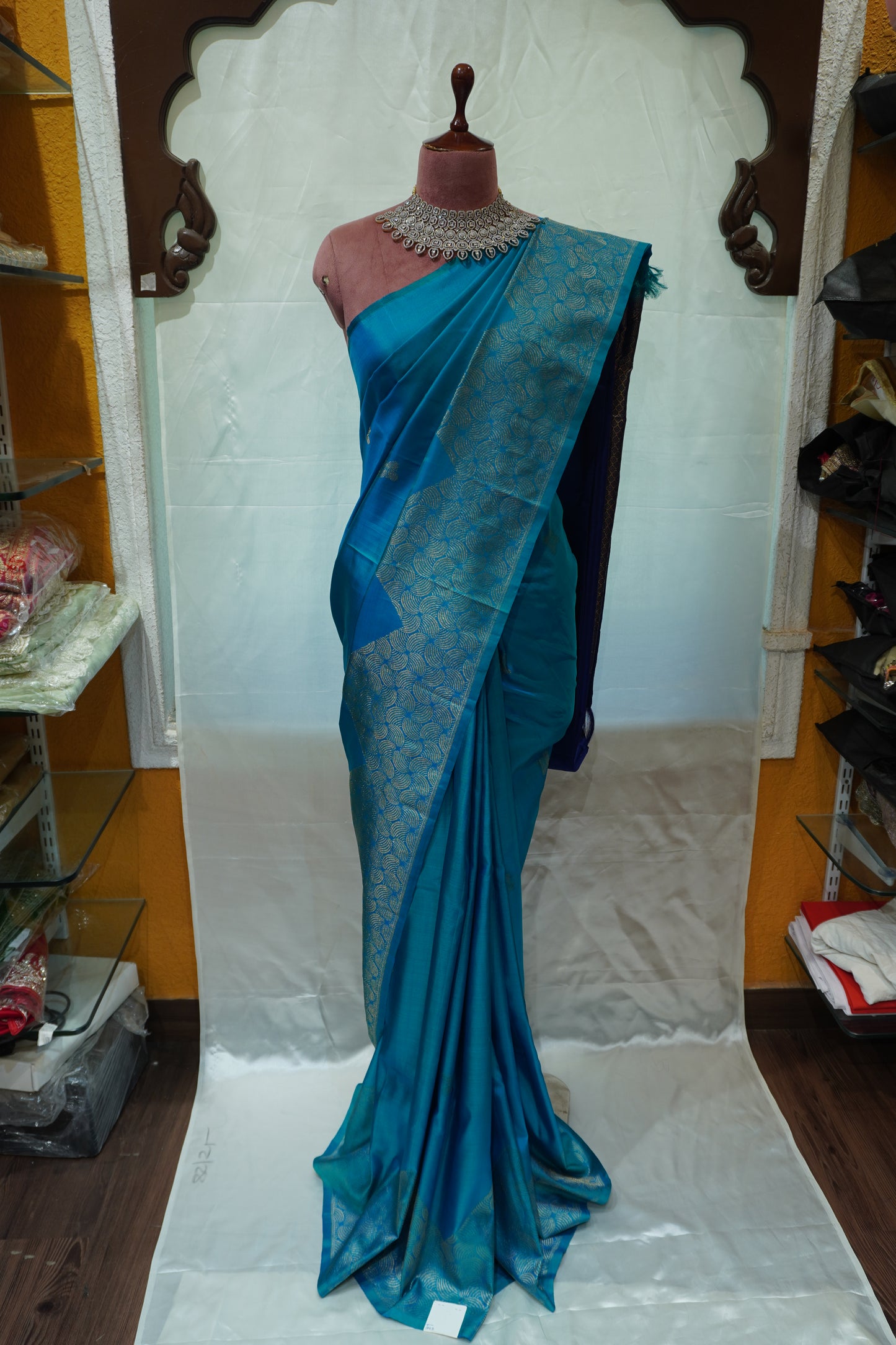 Zartari Handwoven Kanjivaram Silk Saree | Peacock Blue with Gold Zari Floral Border | Traditional Wedding Silk Saree