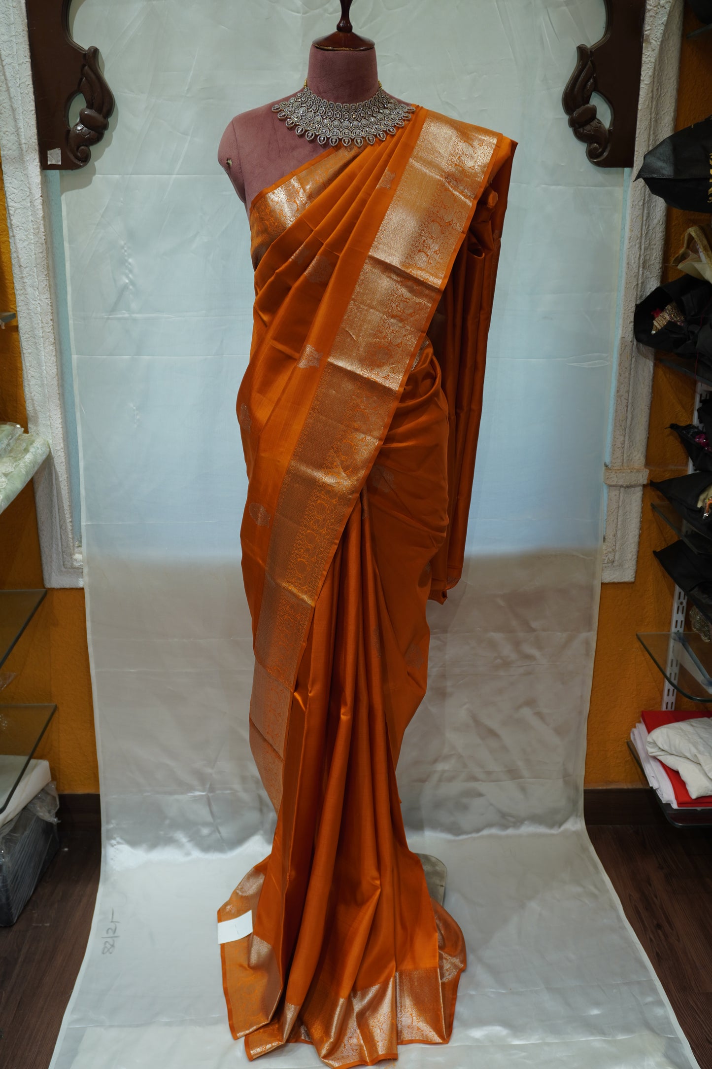 Zartari Handwoven Kanjivaram Silk Saree | Rust Orange with Rich Gold Zari Border | Traditional Wedding Silk Saree