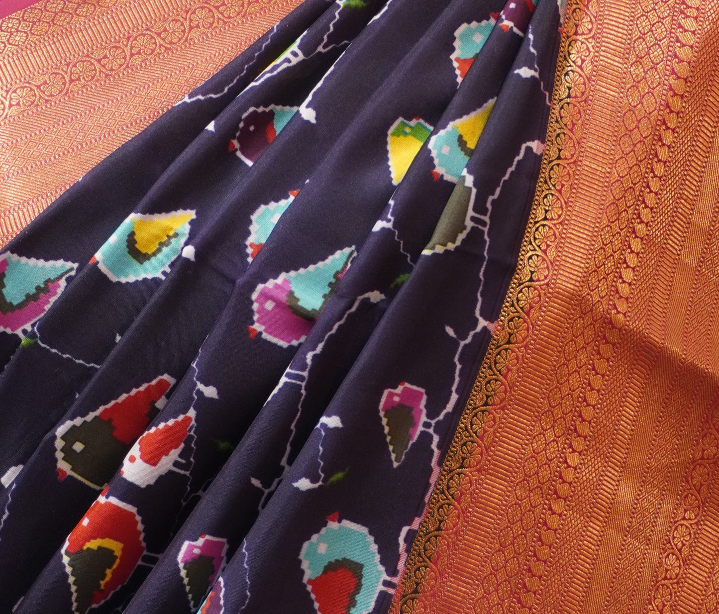 Zartari Handwoven Patola Silk Saree | Navy Blue with Multicolour Patola Motifs & Rich Copper Gold Zari Border