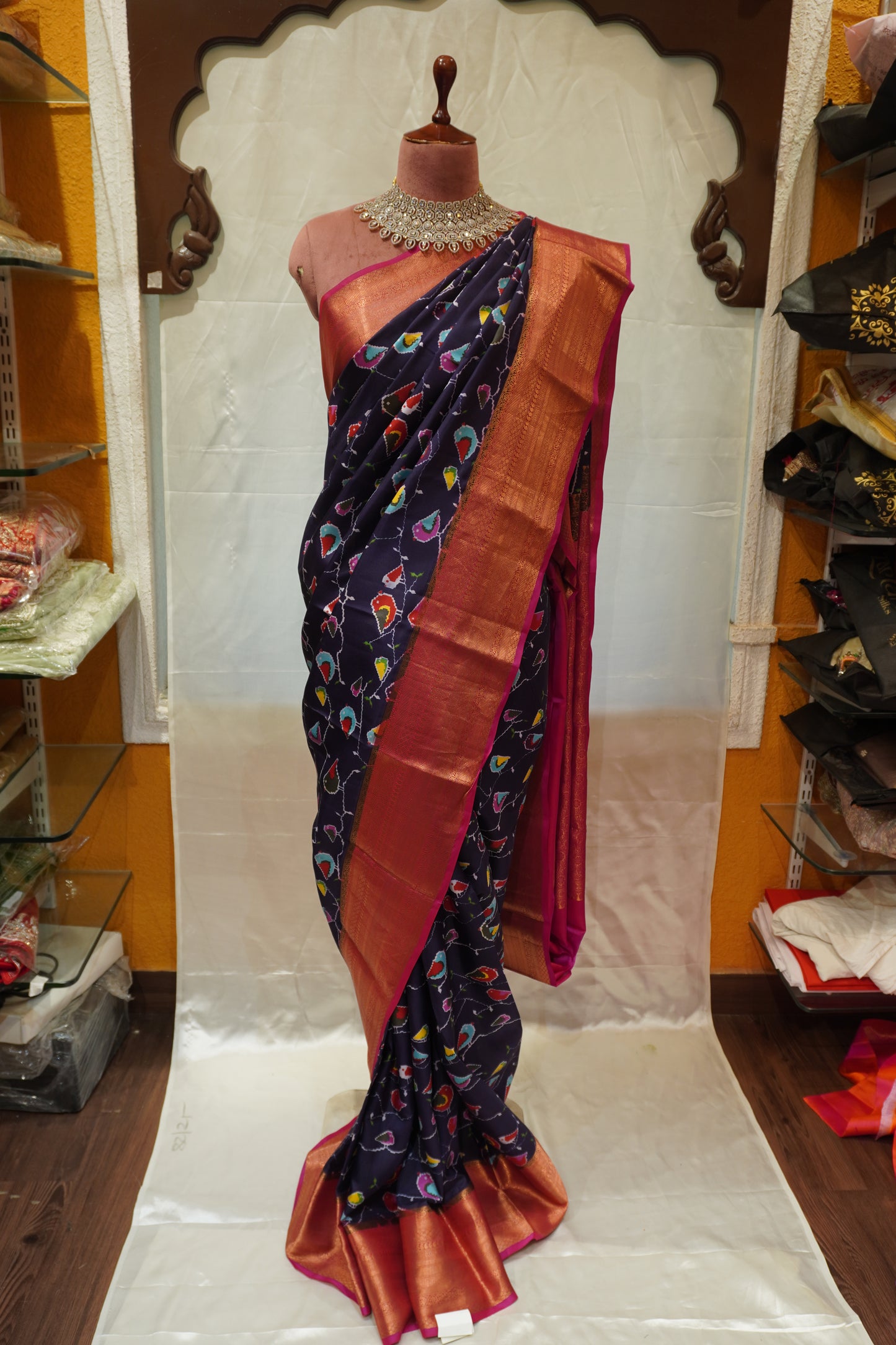 Zartari Handwoven Patola Silk Saree | Navy Blue with Multicolour Patola Motifs & Rich Copper Gold Zari Border