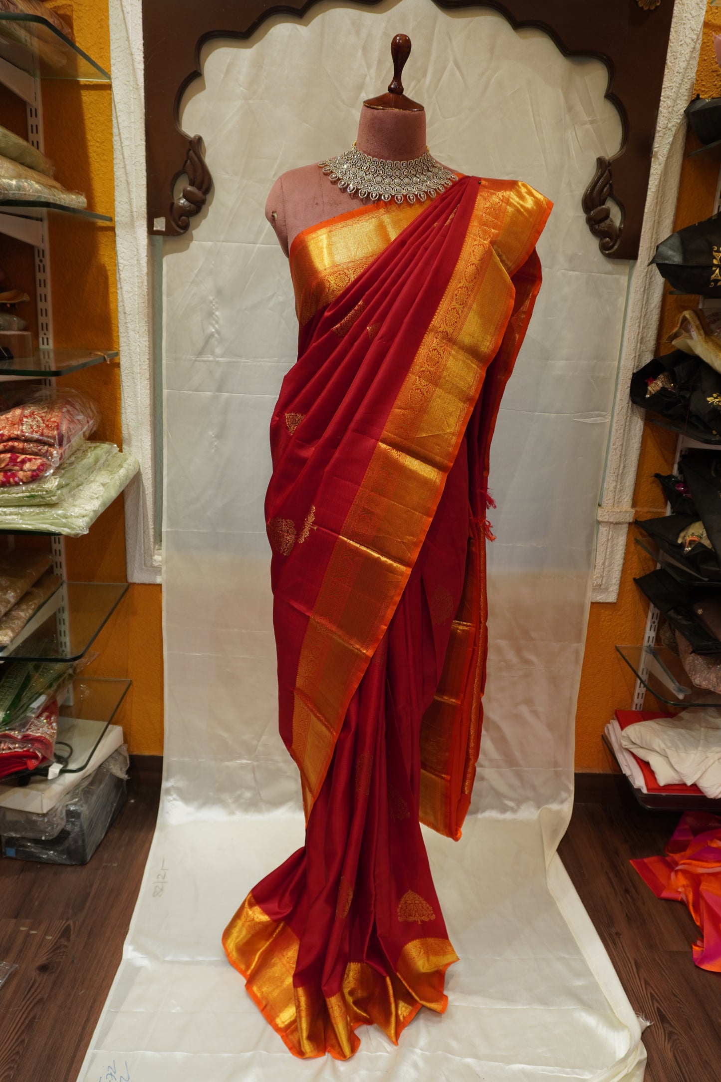 Zartari Handwoven Kanjivaram Silk Saree | Deep Maroon Red with Rich Gold Zari Border