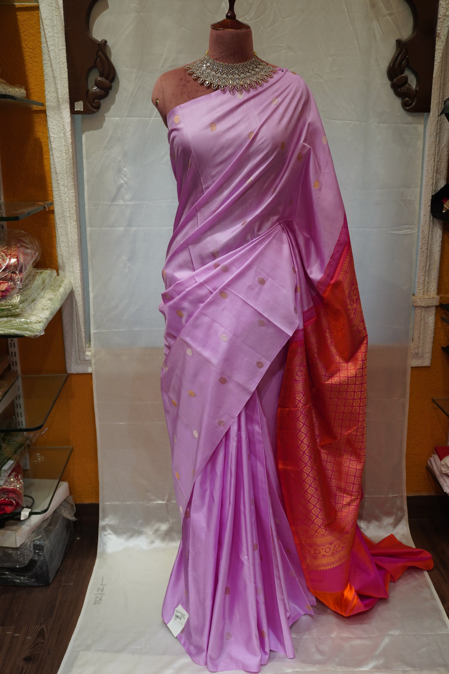 Zartari Handwoven Kanjivaram Silk Saree | Baby Pink with Contrast Red-Orange Rich Zari Pallu