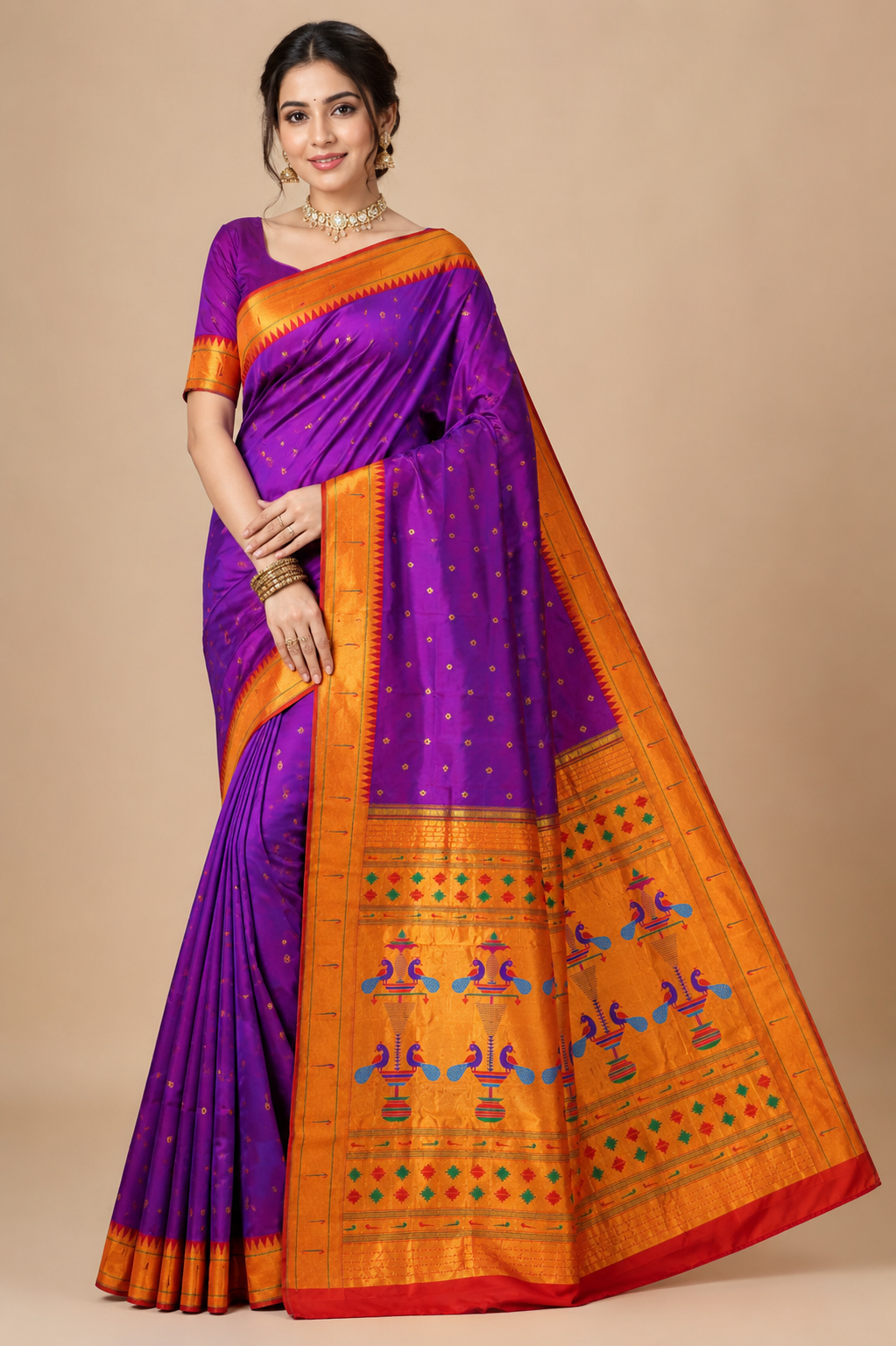 Zartari Silks Peacock-Motif Paithani Silk Saree with Contrast Zari Pallu & Blouse Piece