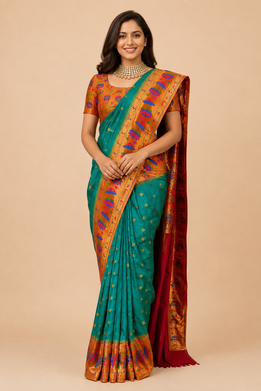 Zartari Teal Paithani Silk Saree with Orange Zari Umbrella Motif Border