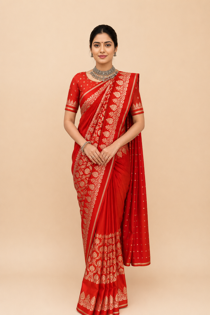 Zartari Red Banarasi Silk Saree with Zari Floral Border & Butti Work Blouse