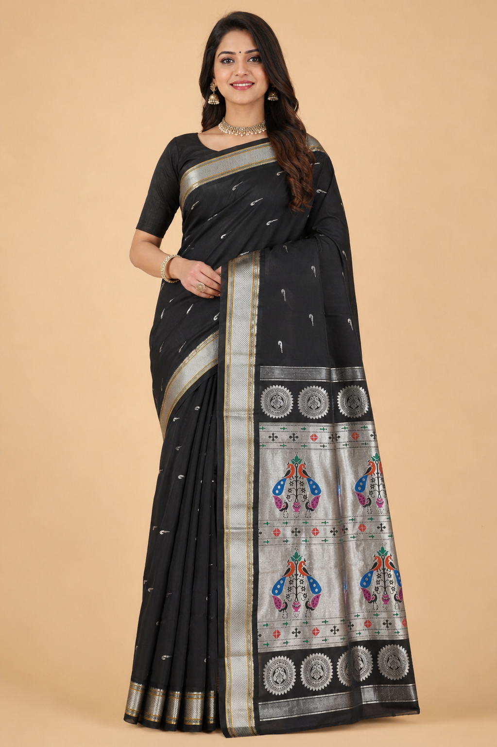 Zartari Black Paithani Silk Saree with Silver Zari Peacock Motif Pallu