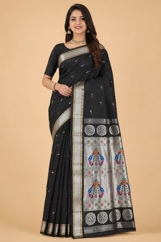 Zartari Black Paithani Silk Saree with Silver Zari Peacock Motif Pallu