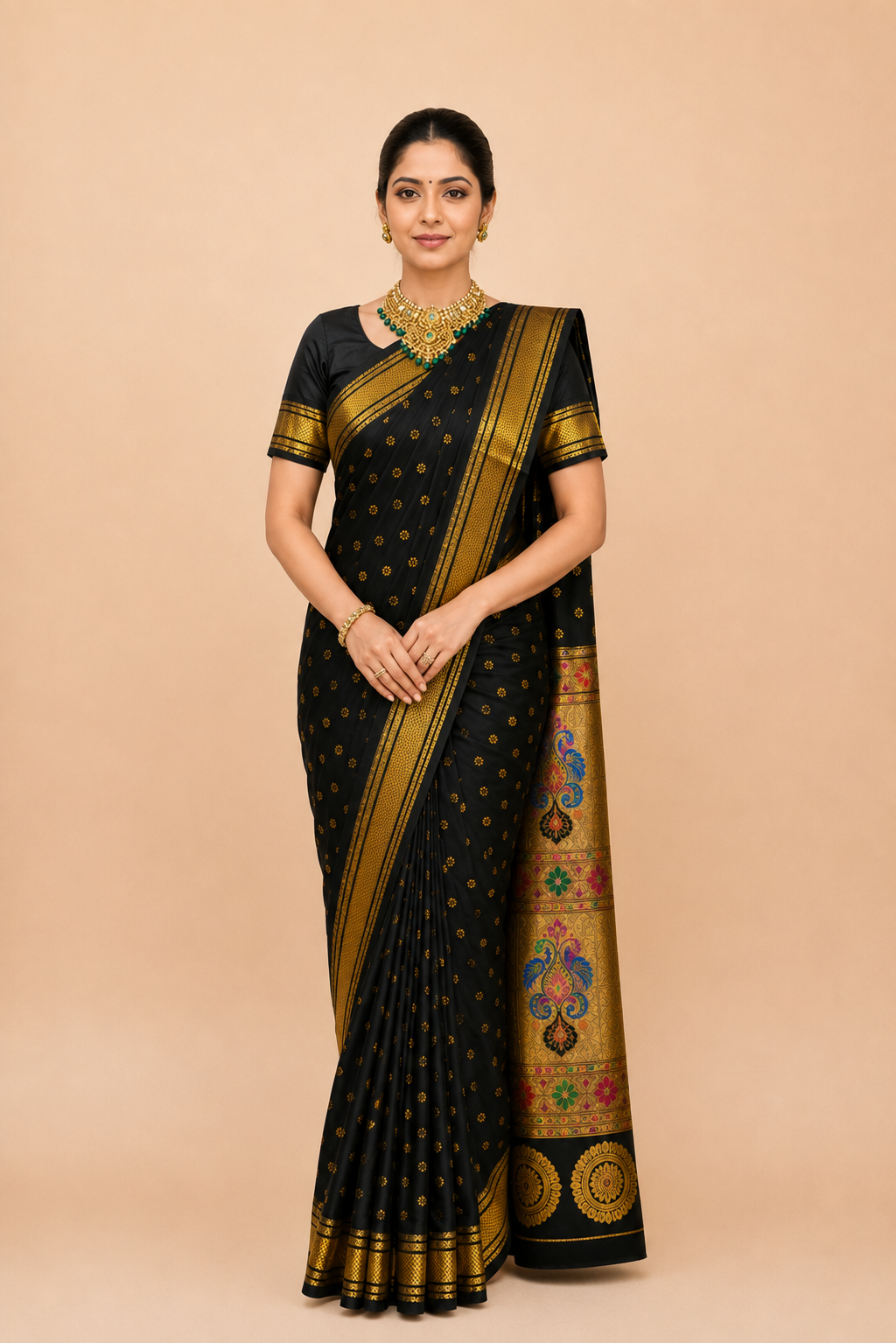 Zartari Black Paithani Silk Saree with Peacock Motif Pallu & Zari Border