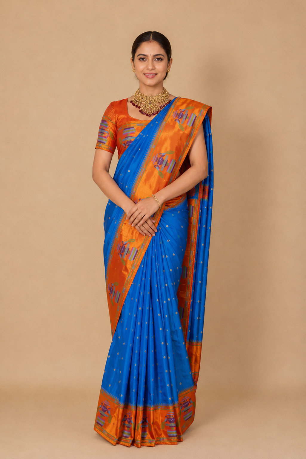 Zartari Blue Paithani Silk Saree with Orange Zari Peacock Motif Border