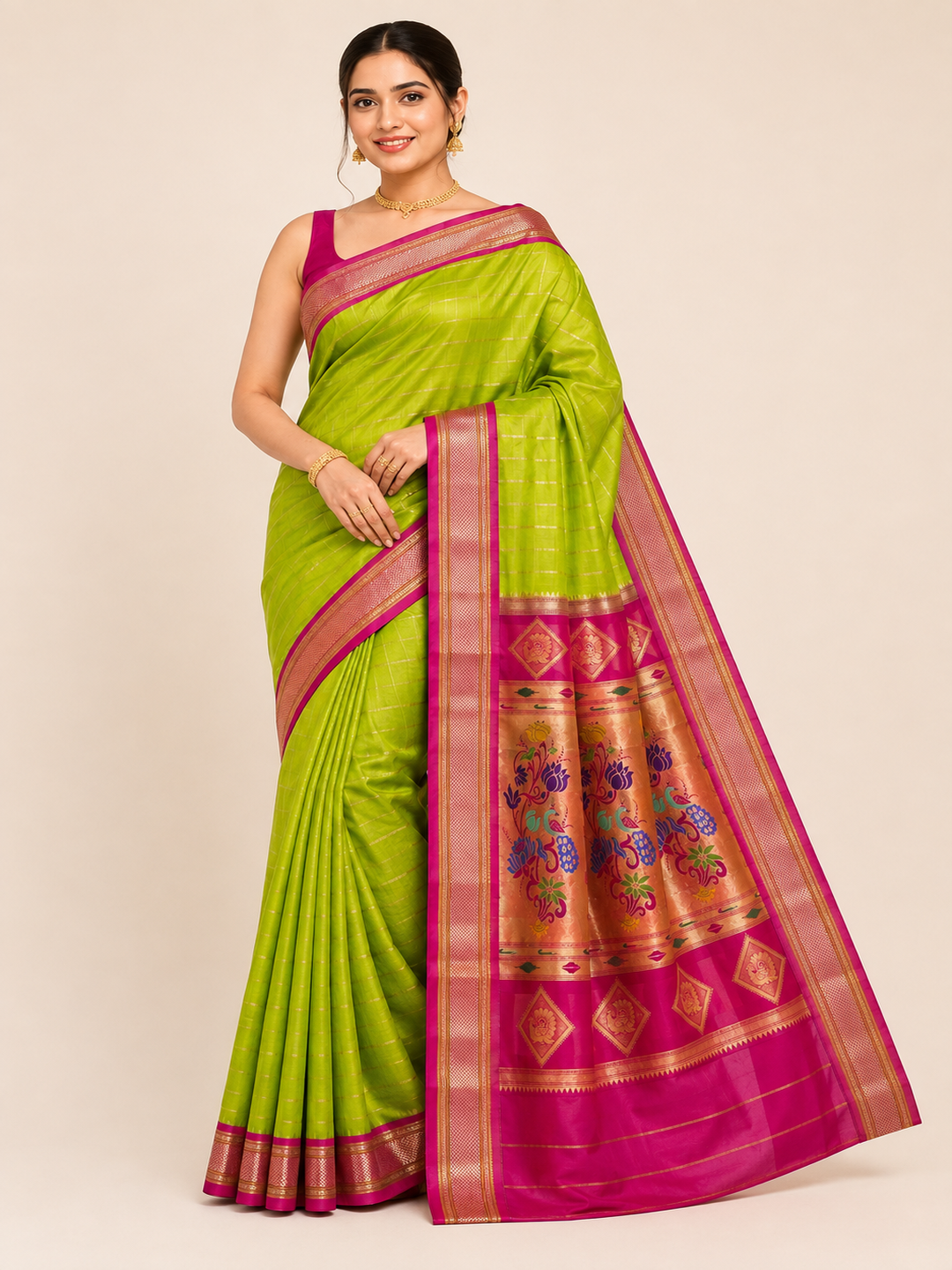 ZARTARI Paithani Silk Saree – Parrot Green with Rani Pink Zari Border & Traditional Floral Peacock Pallu