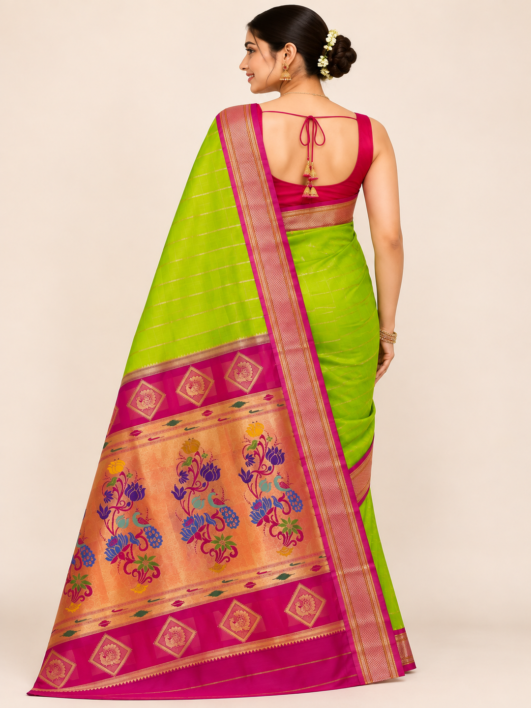 ZARTARI Paithani Silk Saree – Parrot Green with Rani Pink Zari Border & Traditional Floral Peacock Pallu