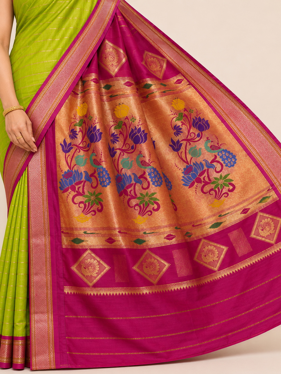 ZARTARI Paithani Silk Saree – Parrot Green with Rani Pink Zari Border & Traditional Floral Peacock Pallu