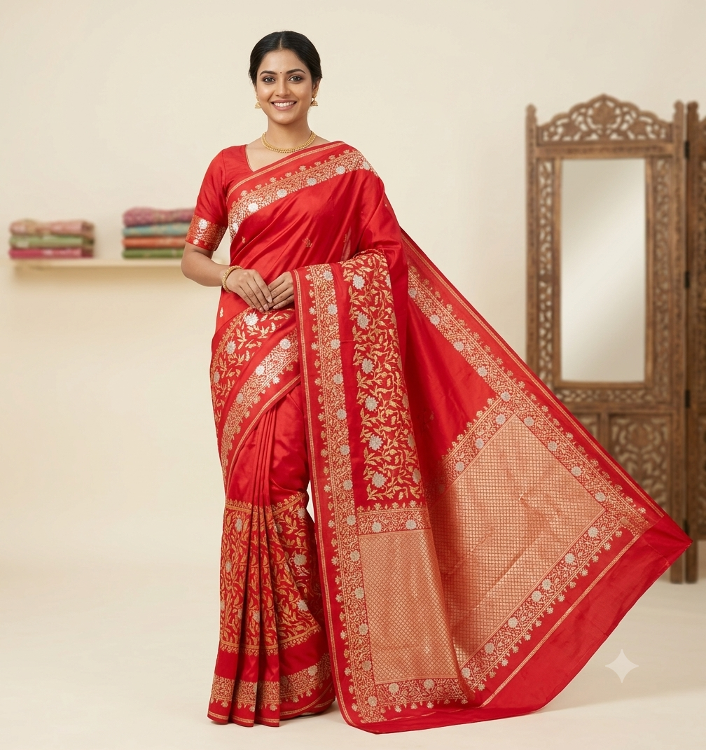 Bridal Red Art Silk Banarasi Saree | Gold Zari Floral Jaal Border & Heavy Zari Pallu