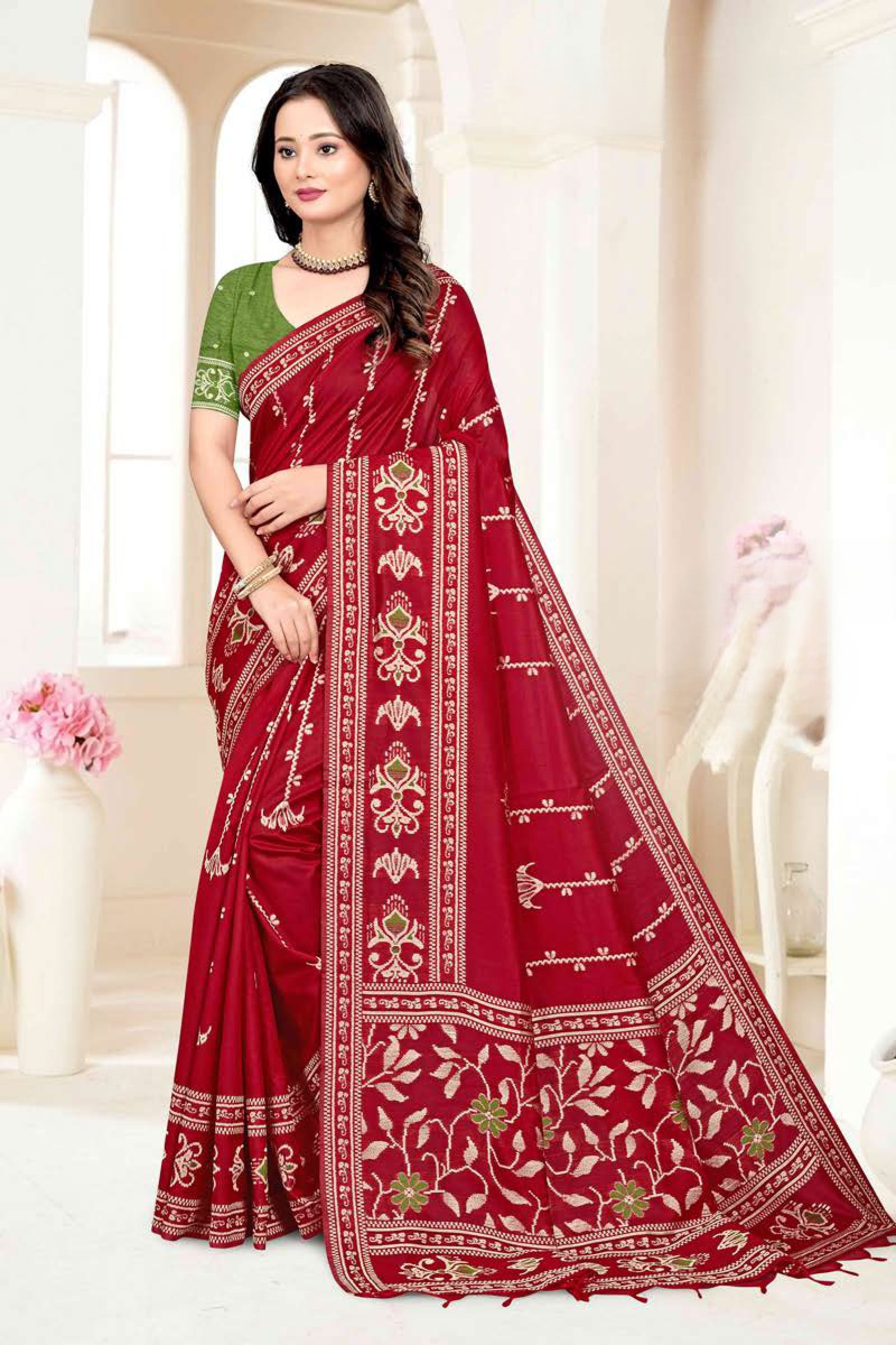 Premium Handloom Art Silk Saree with Geometric Weave & Ikkat Inspired Pallu