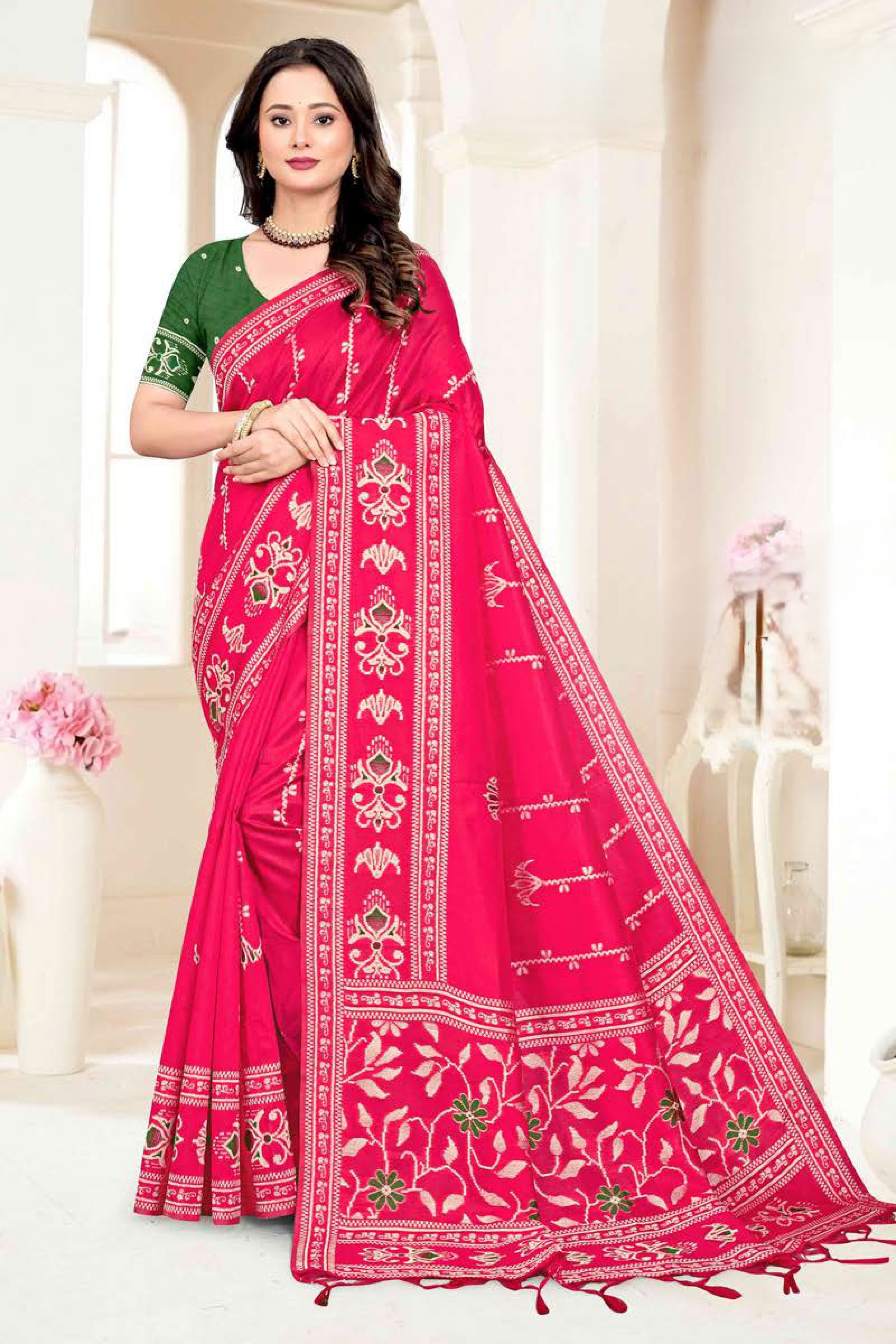 Premium Handloom Art Silk Saree with Geometric Weave & Ikkat Inspired Pallu