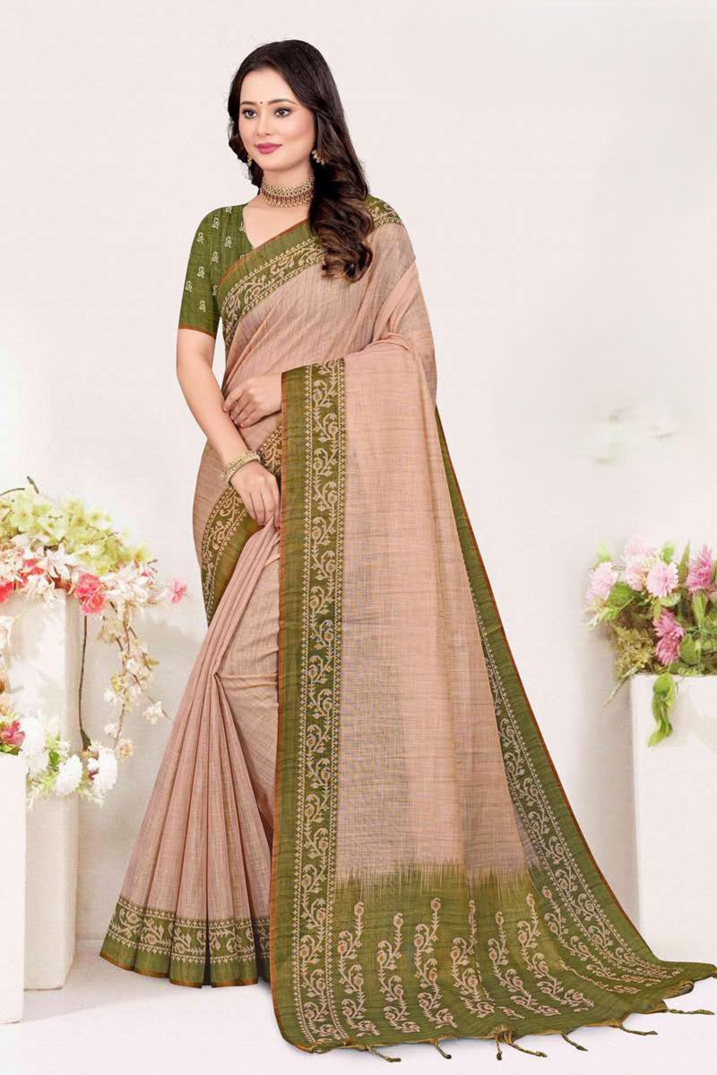 Classic Dual-Tone Jute Linen Saree featuring Ornamental Vine Borders and Tasseled Pallu
