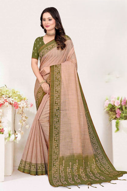 Classic Dual-Tone Jute Linen Saree featuring Ornamental Vine Borders and Tasseled Pallu