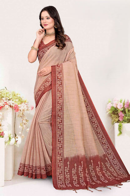 Classic Dual-Tone Jute Linen Saree featuring Ornamental Vine Borders and Tasseled Pallu