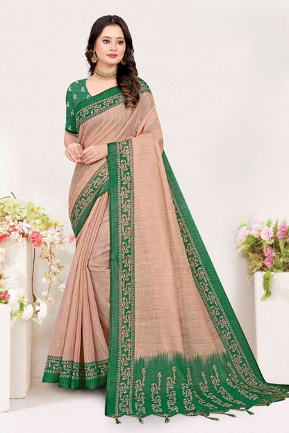 Classic Dual-Tone Jute Linen Saree featuring Ornamental Vine Borders and Tasseled Pallu