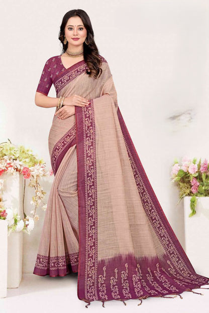 Classic Dual-Tone Jute Linen Saree featuring Ornamental Vine Borders and Tasseled Pallu