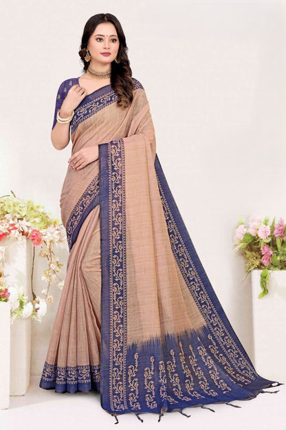 Classic Dual-Tone Jute Linen Saree featuring Ornamental Vine Borders and Tasseled Pallu