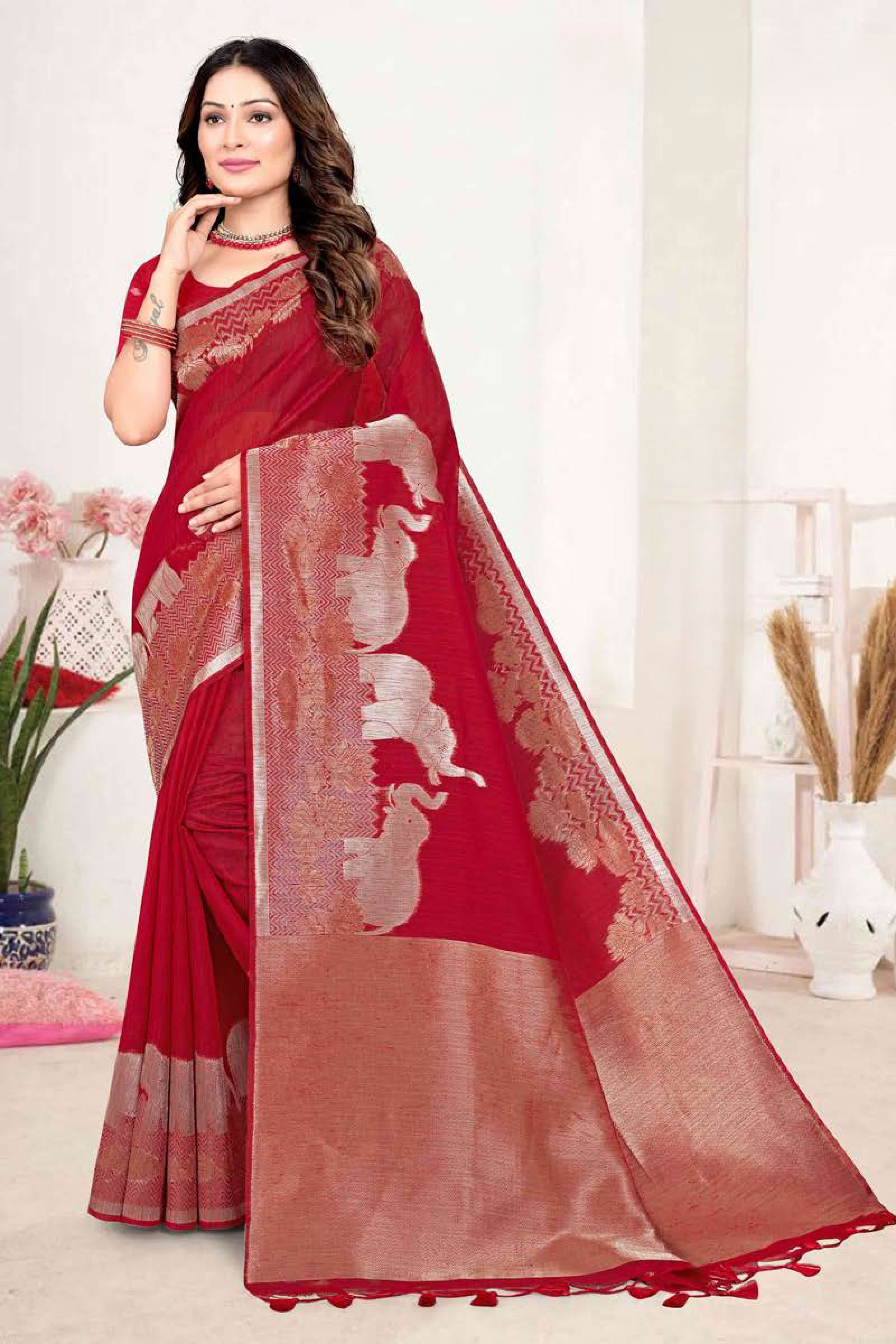 ZARTARI Silk Saree with Elephant Lotus Border, Banarasi Style Zari Pallu - Festive & Party Wear Saree for Women