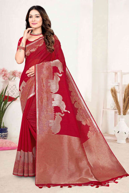 ZARTARI Silk Saree with Elephant Lotus Border, Banarasi Style Zari Pallu - Festive & Party Wear Saree for Women