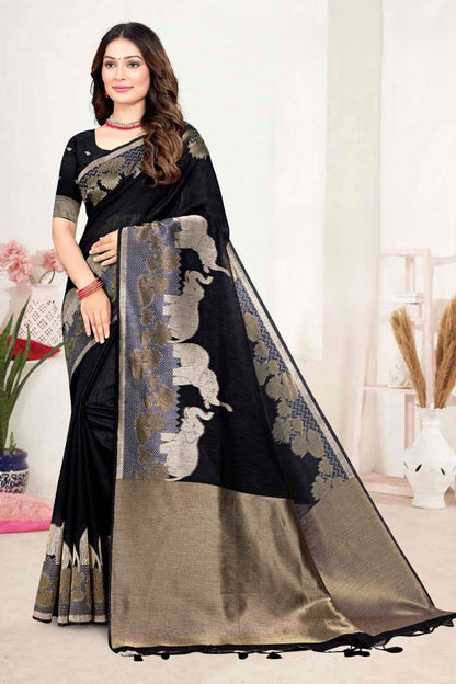 ZARTARI Silk Saree with Elephant Lotus Border, Banarasi Style Zari Pallu - Festive & Party Wear Saree for Women