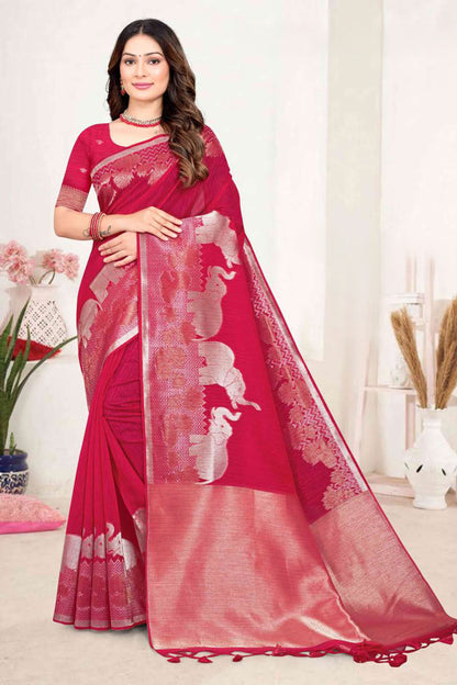 ZARTARI Silk Saree with Elephant Lotus Border, Banarasi Style Zari Pallu - Festive & Party Wear Saree for Women