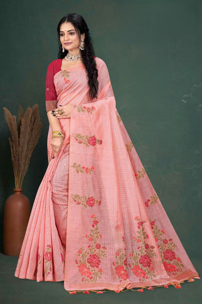 Muga Cotton Checks Saree with Floral Embroidery - Casual & Office Wear Saree