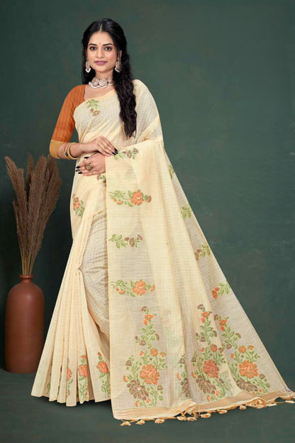 Muga Cotton Checks Saree with Floral Embroidery - Casual & Office Wear Saree