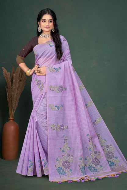 Muga Cotton Checks Saree with Floral Embroidery - Casual & Office Wear Saree