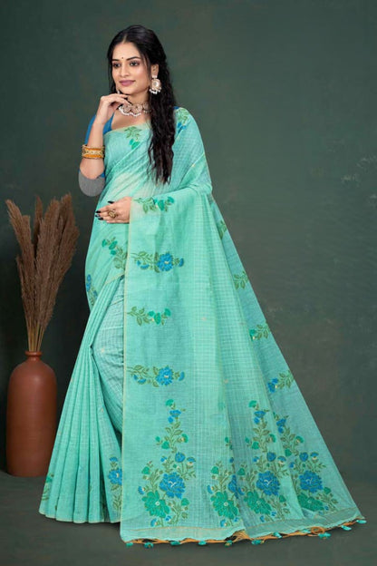 Muga Cotton Checks Saree with Floral Embroidery - Casual & Office Wear Saree