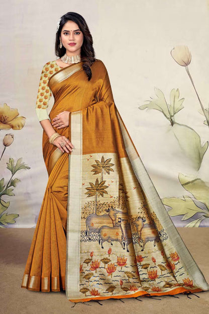 Premium Mullai Tussar Silk Saree with All-Over Floral Vines and Contrast Chevron Trellis Pallu