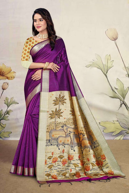 Premium Mullai Tussar Silk Saree with All-Over Floral Vines and Contrast Chevron Trellis Pallu