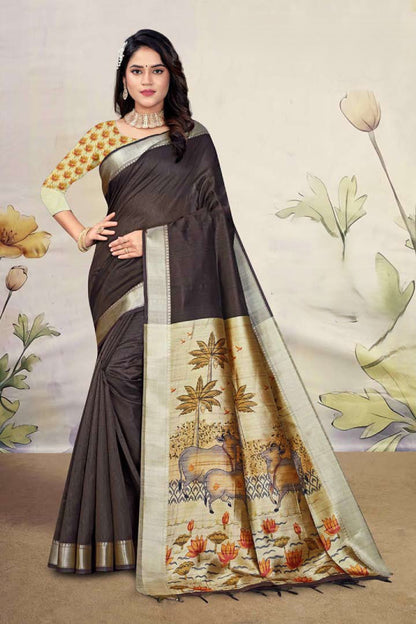 Premium Mullai Tussar Silk Saree with All-Over Floral Vines and Contrast Chevron Trellis Pallu