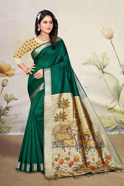 Premium Mullai Tussar Silk Saree with All-Over Floral Vines and Contrast Chevron Trellis Pallu