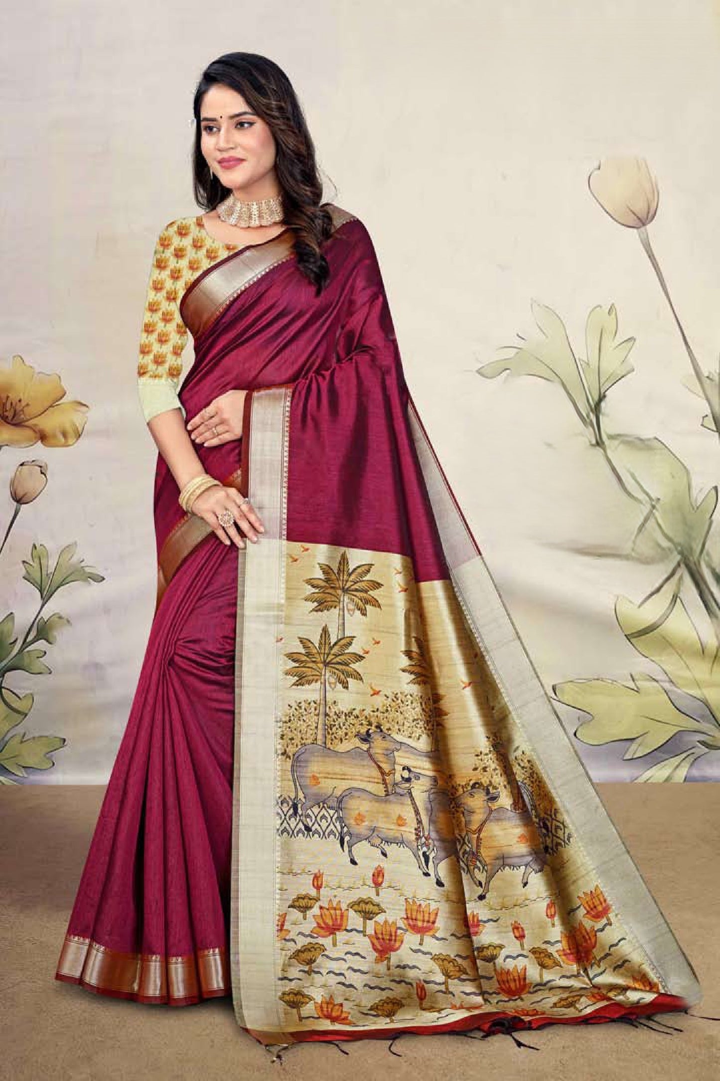 Premium Mullai Tussar Silk Saree with All-Over Floral Vines and Contrast Chevron Trellis Pallu