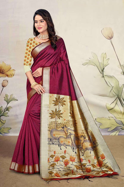 Premium Mullai Tussar Silk Saree with All-Over Floral Vines and Contrast Chevron Trellis Pallu