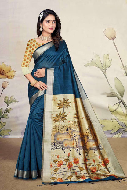Premium Mullai Tussar Silk Saree with All-Over Floral Vines and Contrast Chevron Trellis Pallu