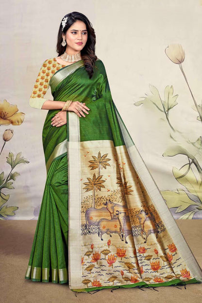 Premium Mullai Tussar Silk Saree with All-Over Floral Vines and Contrast Chevron Trellis Pallu