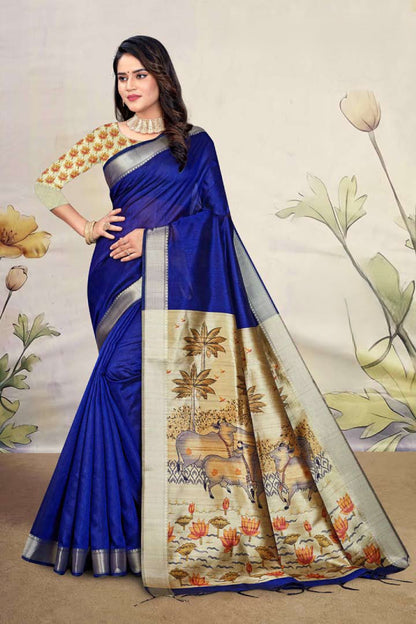Premium Mullai Tussar Silk Saree with All-Over Floral Vines and Contrast Chevron Trellis Pallu