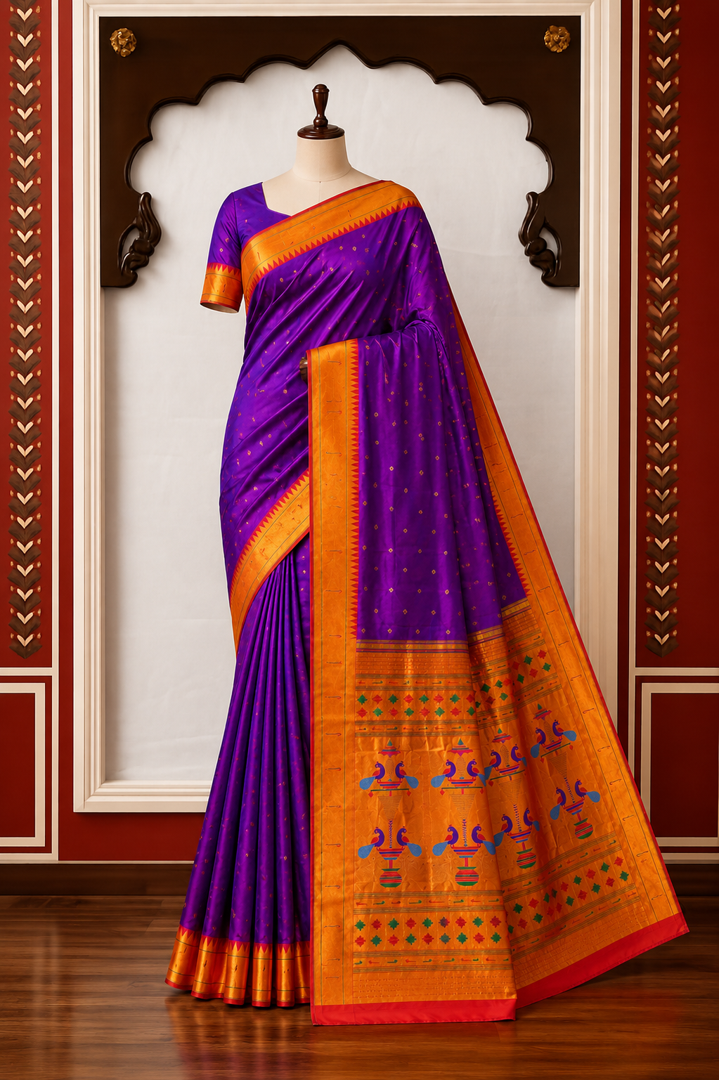 Zartari Silks Peacock-Motif Paithani Silk Saree with Contrast Zari Pallu & Blouse Piece